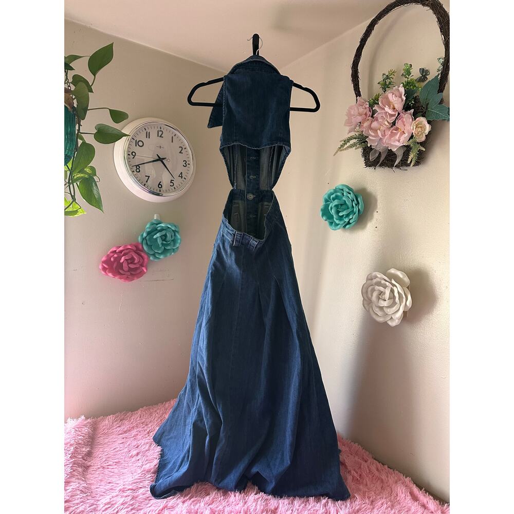 Dark Blue Denim Midi Dress with Statement Collar - Picture 2 of 5